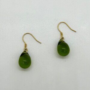Handmade Green Teardrop Glass Earrings With Sterling Silver Wire Hooks For Women